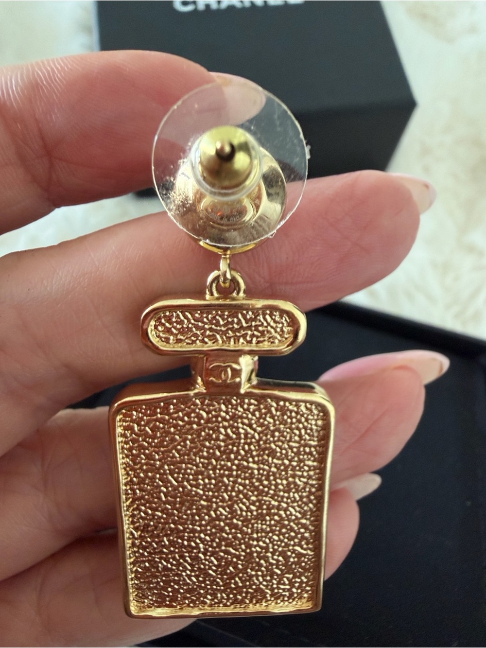 CHANEL Black & Gold Perfume Bottle Drop Earrings with Crystal Accents - Picture 5 of 8